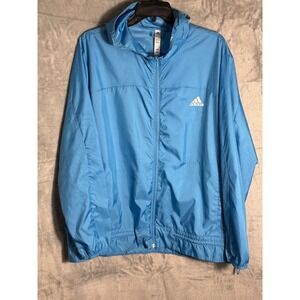 Adidas Womens XL Blue Hooded Full Zip Windbreaker Jacket Logo Back